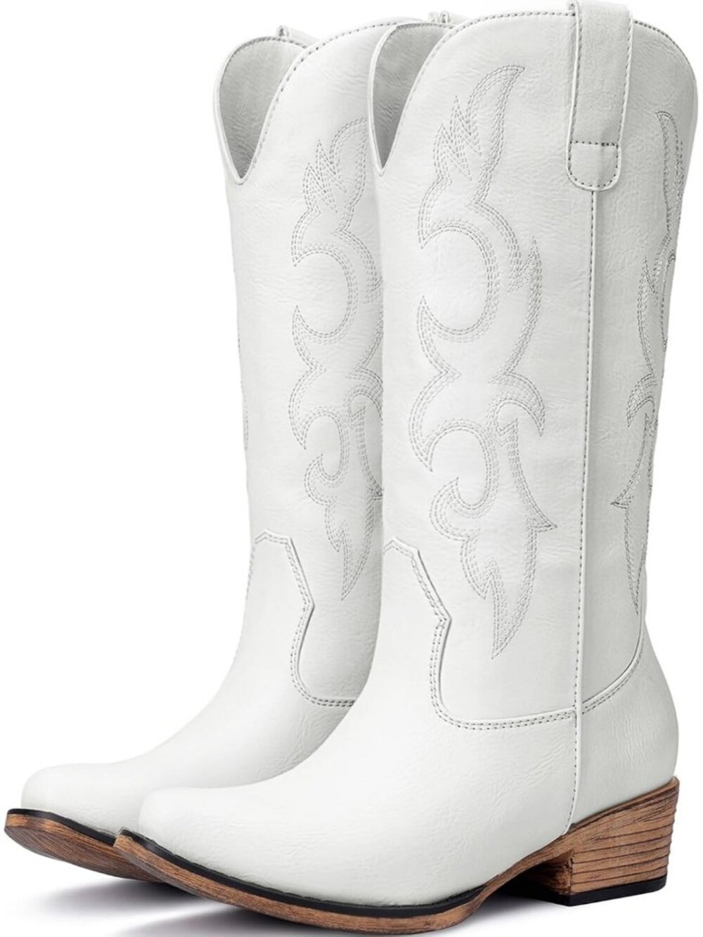 Women's White Mid Calf Embroidered Western Pointed Toe Chunky Cowboy Boot